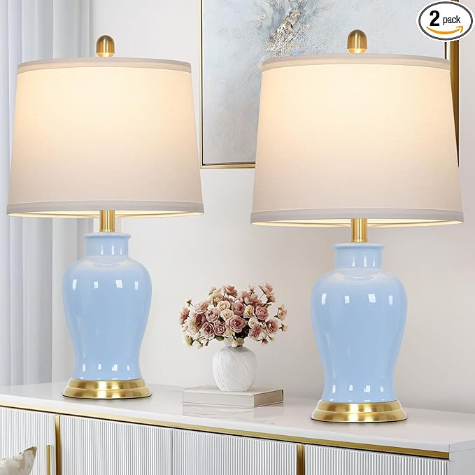 23" Modern Blue Ceramic Table Lamps Set of 2, Coastal Ceramic Lamps for Living Room, Classic Beds... | Amazon (US)