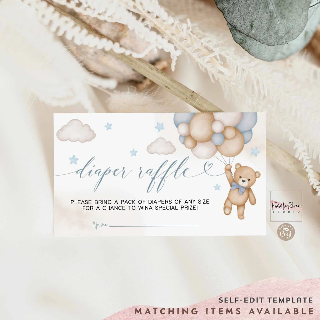 Editable Blue Boy Teddy Bear Air Balloon Diaper Raffle Insert Card We Can Bearly Wait Baby Shower... | Etsy (US)