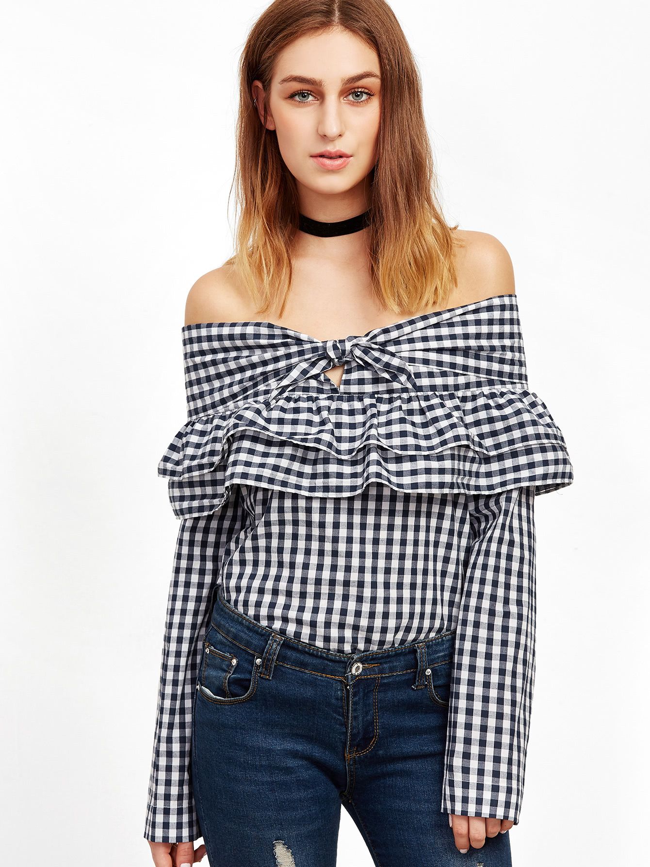 Navy Gingham Layered Ruffle Knotted Off The Shoulder Top | SHEIN