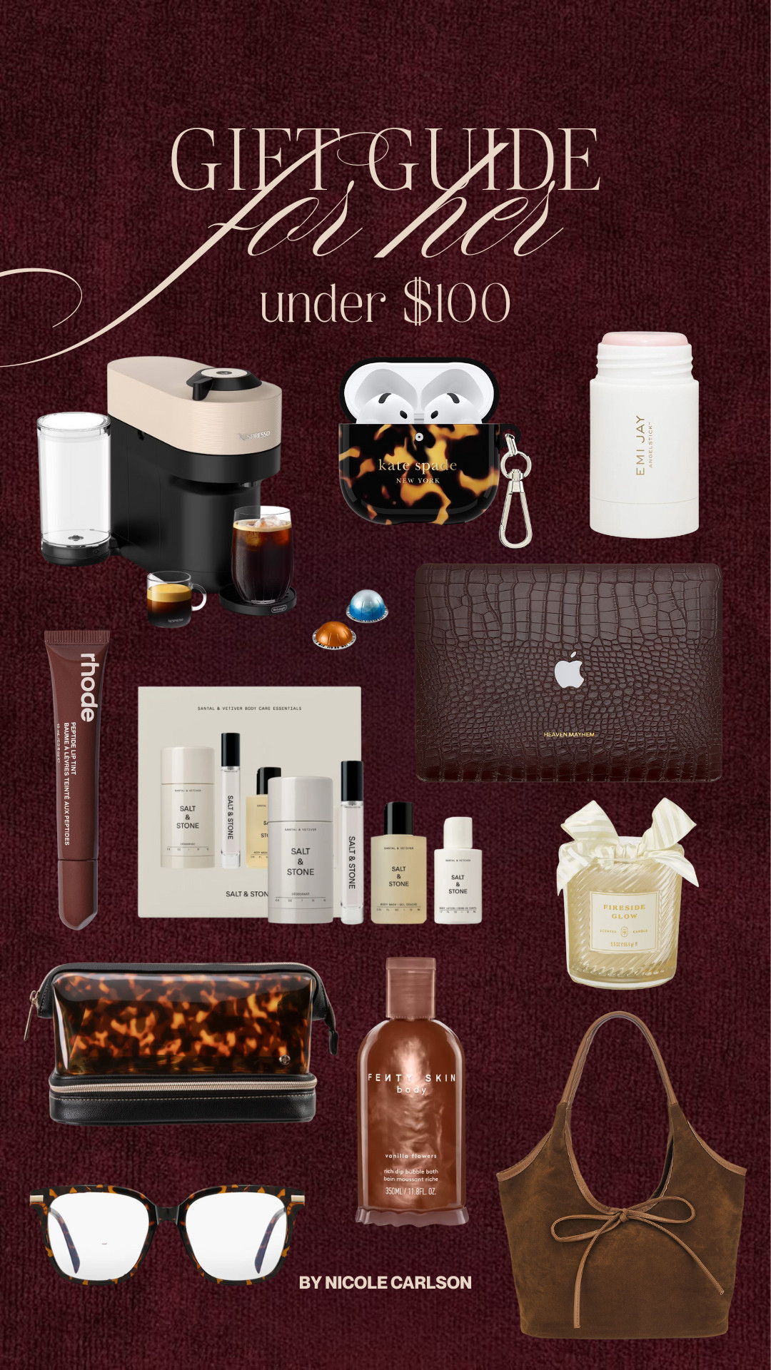 Gift guide for her under $100. My picks, that she probably doesn't have on her list...but will love! Beauty favorites, accessories, nespresso machine, and tech accessories.  

 

#LTKGiftGuide #LTKHoliday #LTKSeasonal