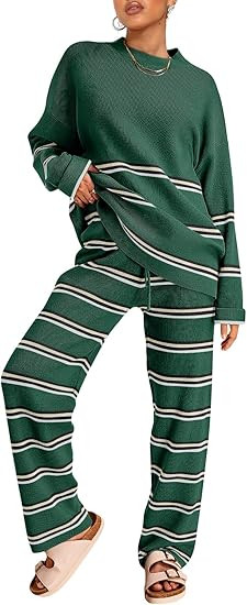 LILLUSORY 2 Piece Sets for Women 2025 Fall Outfits Two Piece Lounge Sets Sweatsuits Striped Knit ... | Amazon (US)