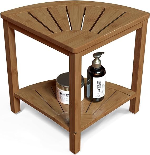 Bamboo Corner Shower Stool Bench Waterproof with Storage Shelf, for Shaving Legs or Seat in Bathr... | Amazon (US)