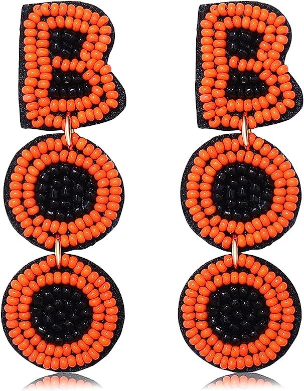 CEALXHENY Halloween Earrings Beaded Boo Earrings for Women Spooky Ghost Pumpkin Drop Dangle Earrings | Amazon (US)