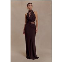 Arra Chiffon And Lace Halter Maxi Dress - Cacao Brown I MESHKI I Size L | MESHKI US