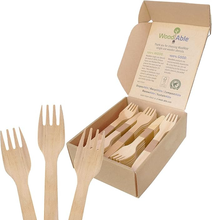 Disposable Wooden Cutlery Set - 100% Home Compostable - 100 Forks, 6.5" Wooden Forks, Eco-Friendl... | Amazon (US)