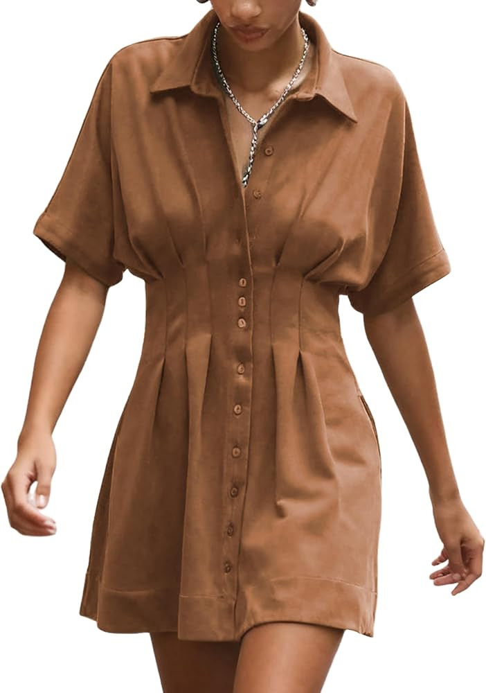 Womens Casual Faux Suede Short Sleeve Shirt Dress Pleated Button Down Tapered Waist Mini Dress wi... | Amazon (US)
