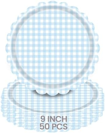 50PCS 9 Inch Blue Gingham Disposable Paper Plates Scalloped Edge for Birthday Party, Baby Shower ... | Amazon (US)