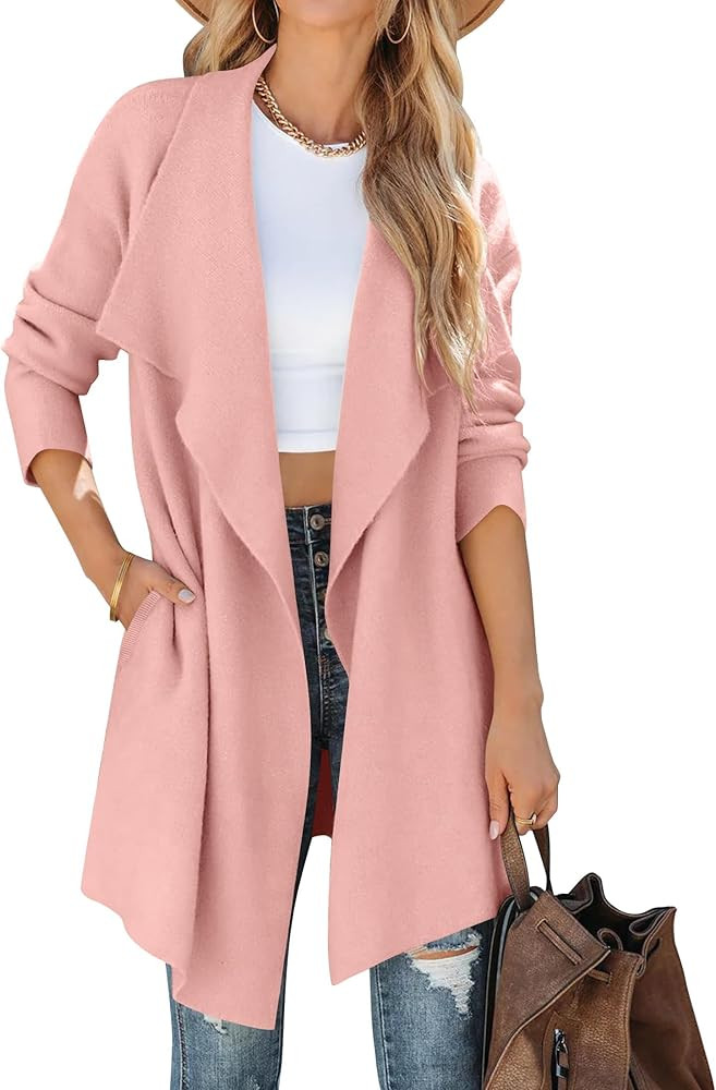 ZESICA Women's Casual Lapel Cardigan Long Sleeve Open Front Irregular Hem Soft Knitted Sweater Co... | Amazon (US)