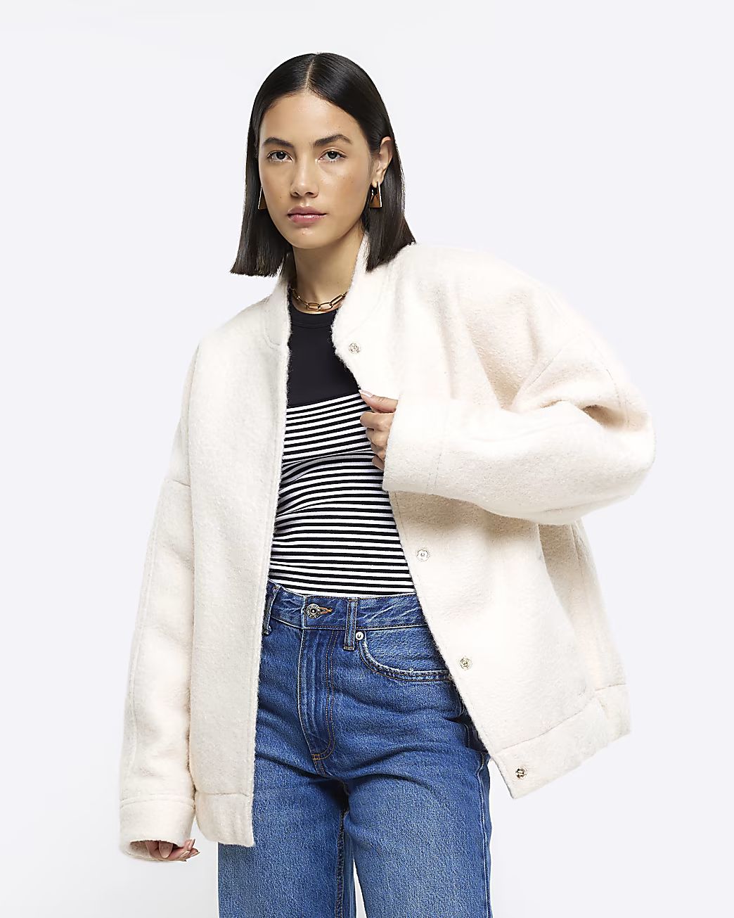 Cream faux wool bomber jacket | River Island (UK & IE)