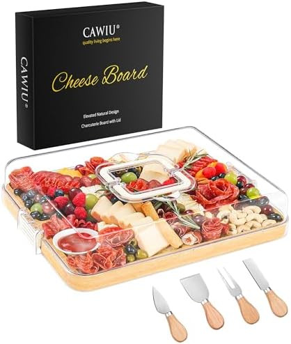 Portable Travel Charcuterie Board with Lid and Handle - Large Bamboo Cheese Board with 4 Cheese K... | Amazon (US)