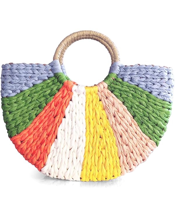 Simple Retro Semi-circle Rattan Straw Bag Hand-Woven Round Women Straw Paper Handbag Summer Beach... | Amazon (US)