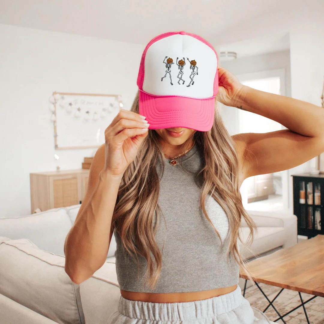 Dancing Skeletons Hat With Pumpkin Heads Spooky Halloween Trucker Cap, Fun Halloween Costume Acce... | Etsy (US)