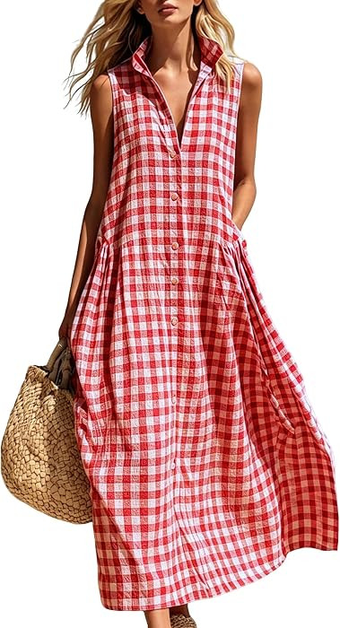 chouyatou Women's Sleeveless Plaid Cotton Dress Lapel Button Front Gingham Long Shirt Dress with ... | Amazon (US)