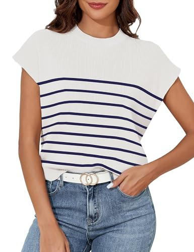 PrettyGuide Women Short Sleeve Striped Sweater Knit Top Summer Casual Cap Sleeve Sweater Tank Tops Ivory Navy Stripe XL | Amazon (US)