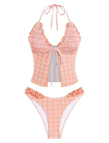 ZAFUL Tankini Swimsuits for Women Smocked Ruffles Tie Front Bowknot Textured High Cut Tanga Tankini Set(33-Orange, S) | Amazon (US)