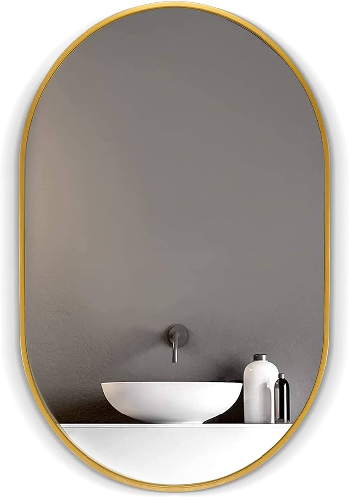 HOWOFURN Wall Mounted Mirror, 24’’x36’’ Oval Bathroom Mirror, Gold Vanity Wall Mirror w/S... | Amazon (US)