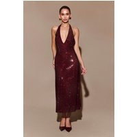 Genie Diamante Halter Midi Dress - Mahogany I MESHKI I Size M | MESHKI US