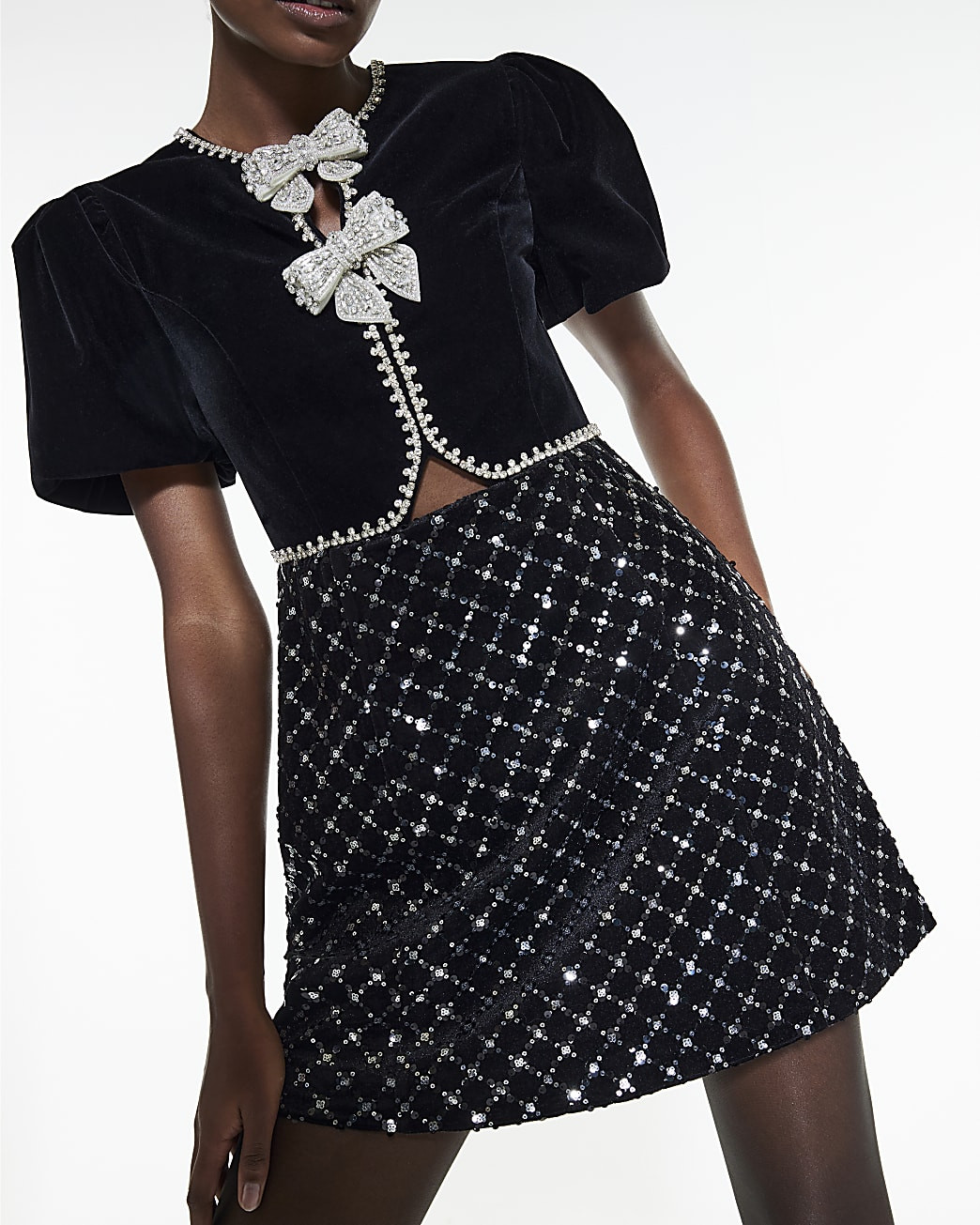 Black Embellished Bow Velvet Mini Dress | River Island UK & IE