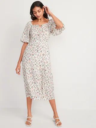 Puff-Sleeve Floral-Print Pintucked Smocked Midi Swing Dress for Women | Old Navy (US)
