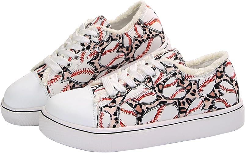 Women Baseball Print Shoes Canvas Sneakers Trendy Casual Walking Shoes | Amazon (US)