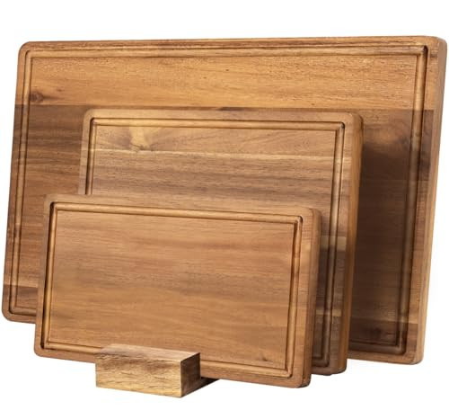 KOLWOVEN Wood Cutting Boards for Kitchen - Set of 3, Wooden Cutting Board Set with Holder for Chopping Meat, Cheese, Fruits, Vegetables, Knife Friendly Serving Tray | Amazon (US)
