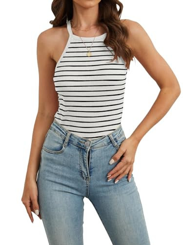 Striped Shirt Women Ribbed Tank Tops for Women Halter Neck Tops Racerback Sleveless Summer Casual Slim Fitted Tank White | Amazon (US)