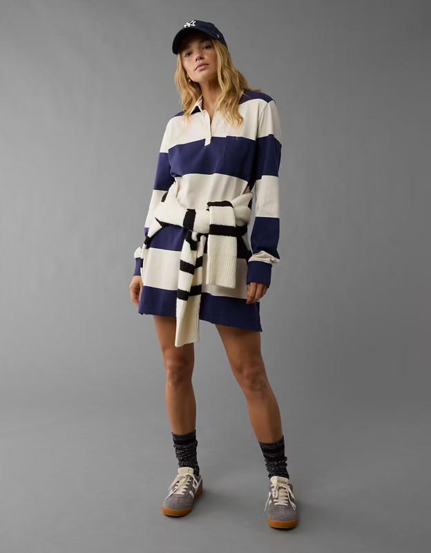 AE Long-Sleeve Rugby Polo Shirt Dress | American Eagle Outfitters (US & CA)