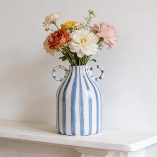 Blue and White Ceramic Vase with Handle, Nordic Boho Small Vases Side Table Flower Centerpiece, W... | Amazon (US)