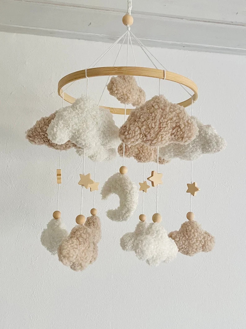 Mobile Bébé Nuages Boucle/Teddy Tissu Ecru/Naturel - Etsy France | Etsy (FR)