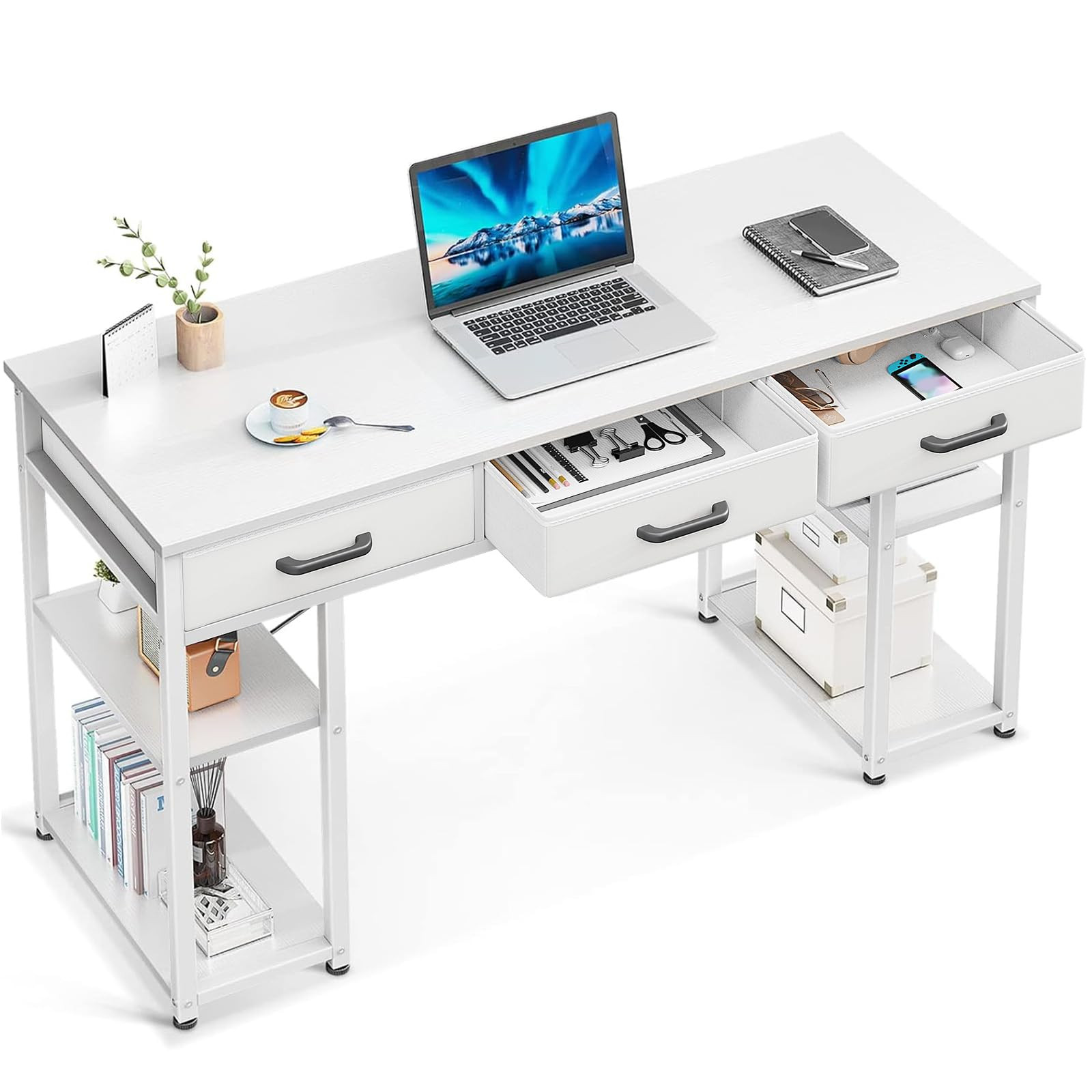 ODK Office Small Computer Desk: Home Table with Fabric Drawers & Storage Shelves, Modern Writing ... | Amazon (US)