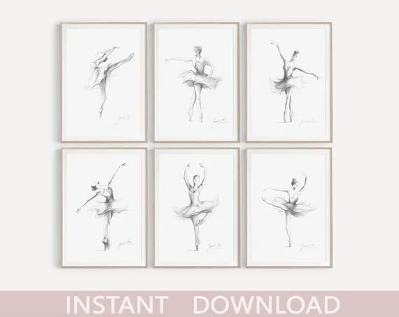 Set of 6 Prints, Digital Wall Art, Ballerina Printables, Ballet Drawing, Ballerina Sketch, Girl R... | Etsy (US)