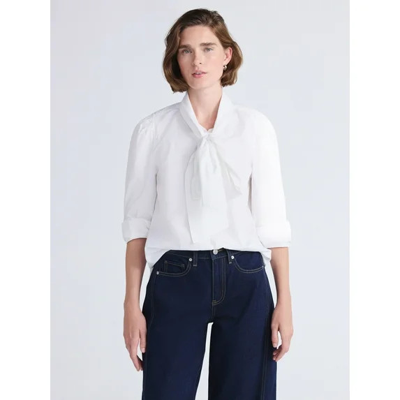 Free Assembly Women's Cotton Tie Neck Blouse with Long Puff Sleeves, Sizes XS-XXL | Walmart (US)