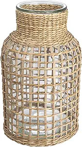 Creative Co-Op Coastal Glass Hurricane with Woven Grass Detail, Natural Vase | Amazon (US)