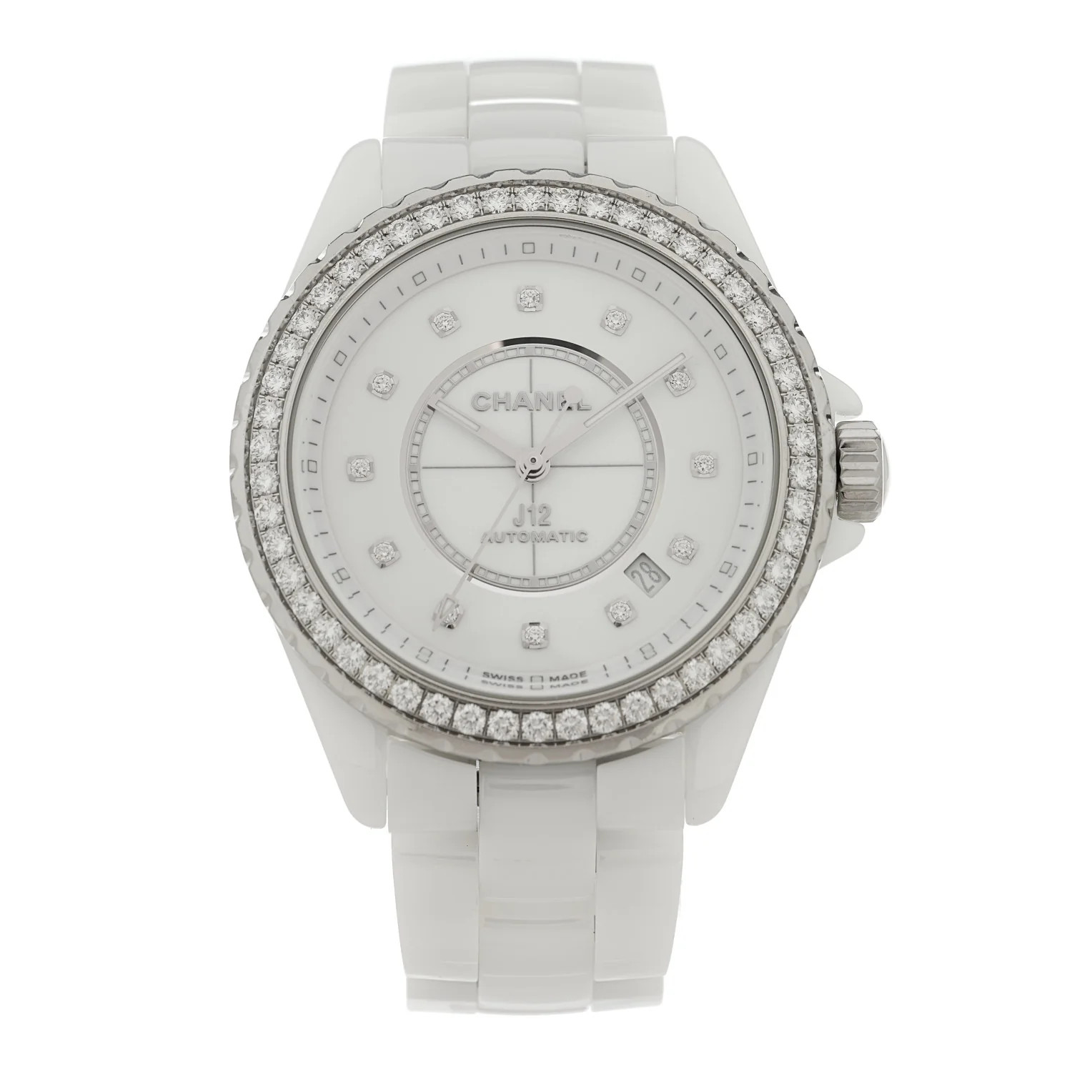 Stainless Steel Ceramic Diamond Pave Bezel 38mm J12 Automatic Watch White | FASHIONPHILE (US)