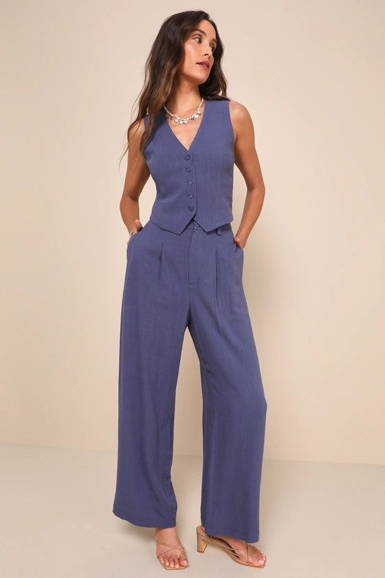 Suits You Perfectly Dark Blue Linen Wide Leg Pants | Lulus