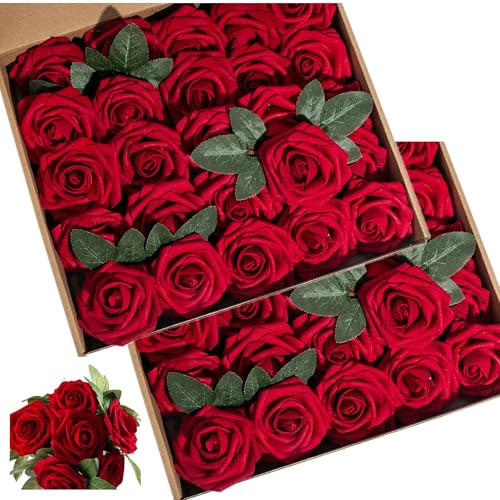 Lansdowns Red Artificial Flower Red Silk Rose 50pcs Real Looking Fake Rose with Stems Leaves for Home Decoration Party Garden Centerpieces DIY Wedding Bouquets（Dark Red） | Amazon (US)