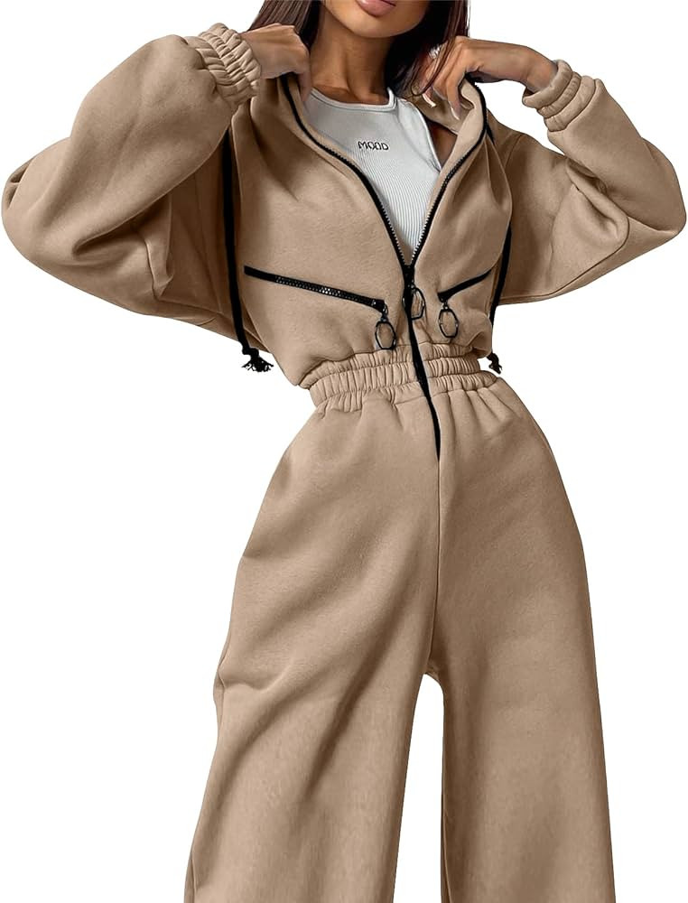 COZYPOIN Women Fleece Jumpsuits One Piece Outfits Hooded Sweatshirt Set High Waist Ladies Jumpsui... | Amazon (US)