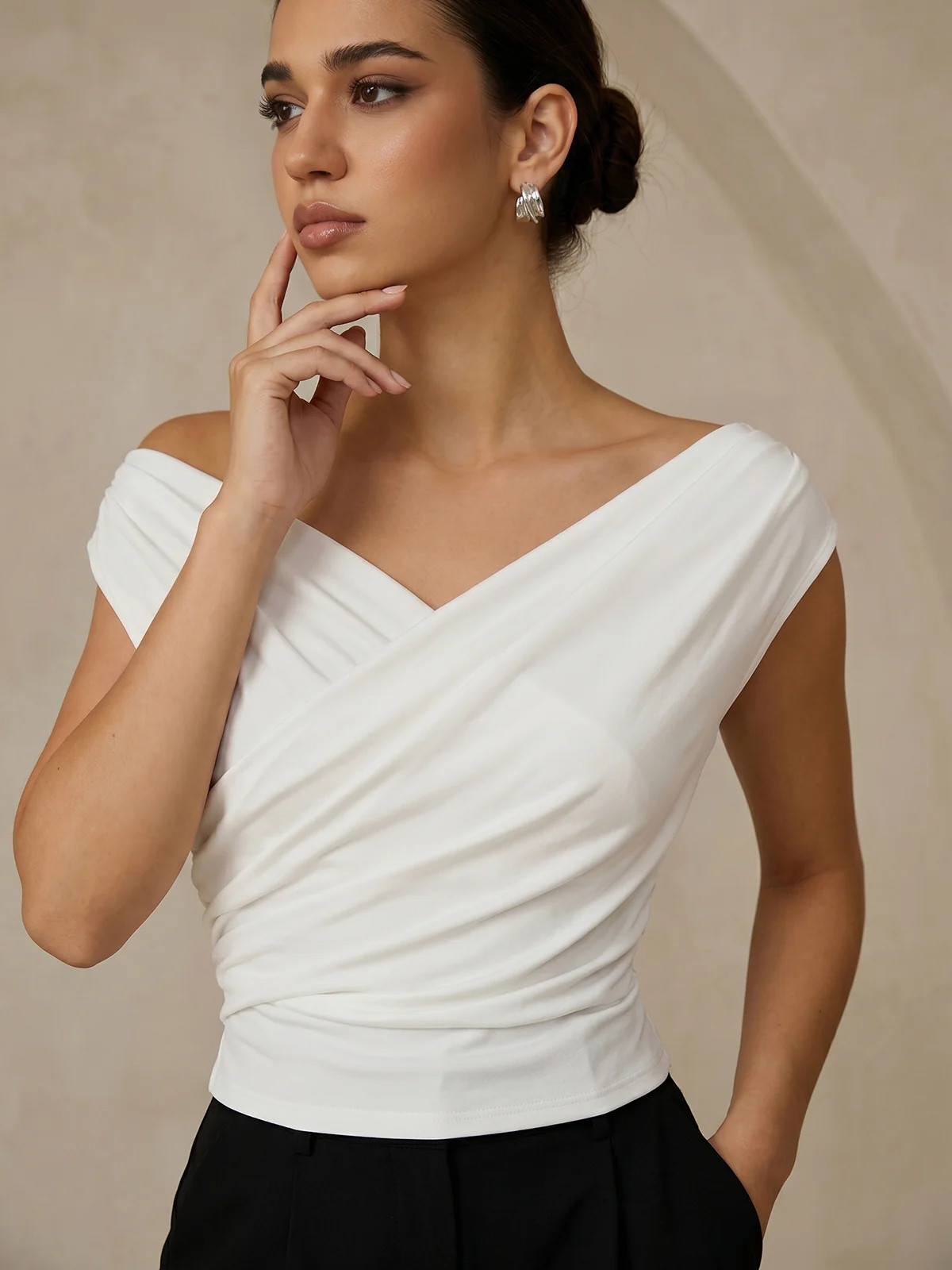 Asymmetric Neckline Ruched Blouse | Commense