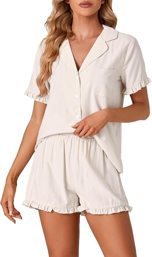 Vrtige Women's 2 Piece Pajamas Set Button Down Short Sleeve Top and Shorts PJs Set Sleepwear | Amazon (US)