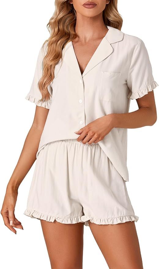 Vrtige Women's 2 Piece Pajamas Set Button Down Short Sleeve Top and Shorts PJs Set Sleepwear | Amazon (US)