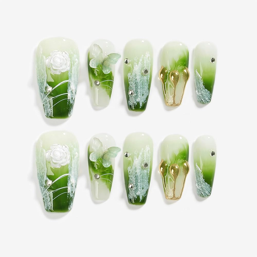 Sun&Beam Nails Handmade Press On Nail Medium Long Coffin Ballerina Green Flower Butterfly Fake Ti... | Amazon (US)