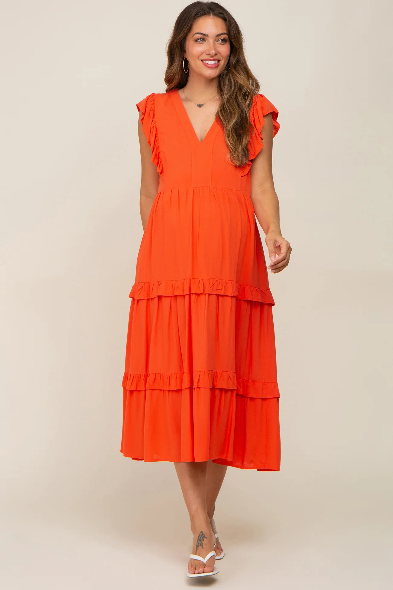 Orange Ruffle Accent Tiered Maternity Midi Dress | PinkBlush Maternity