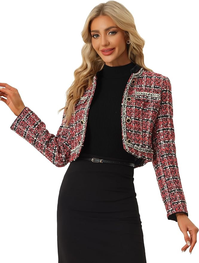Allegra K Tweed Plaid Jacket for Women's Dressy Casual Button Decor Open Front Christmas Vintage ... | Amazon (US)