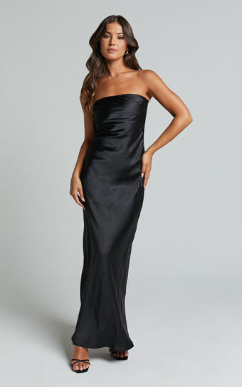 Charlita Maxi Dress - Strapless Cowl Back Satin Dress in Black | Showpo (ANZ)