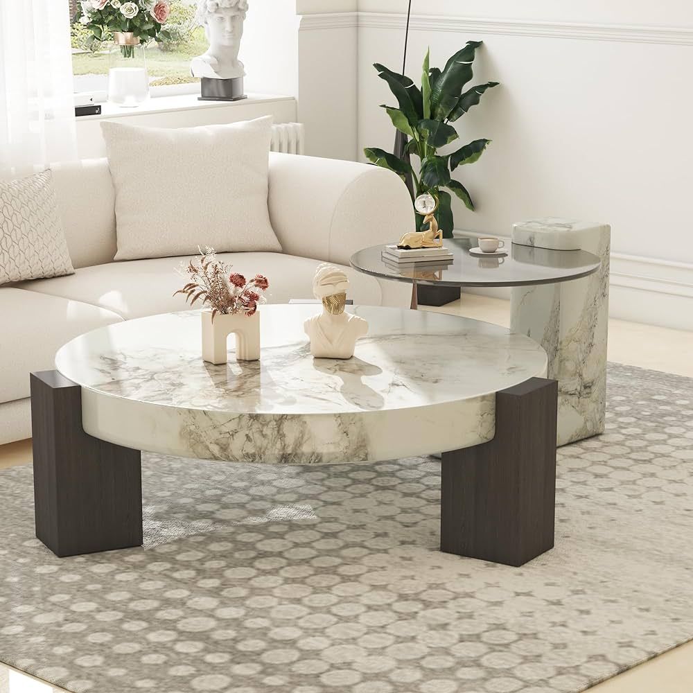 Modern Round Nesting Coffee Table Set of 2,Center Coffee Table with Faux Marble Texture Surface& ... | Amazon (US)