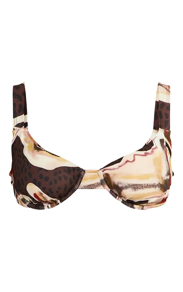 Brown Animal Print Underwired Tie Back Adjustable Bikini Top | PrettyLittleThing UK