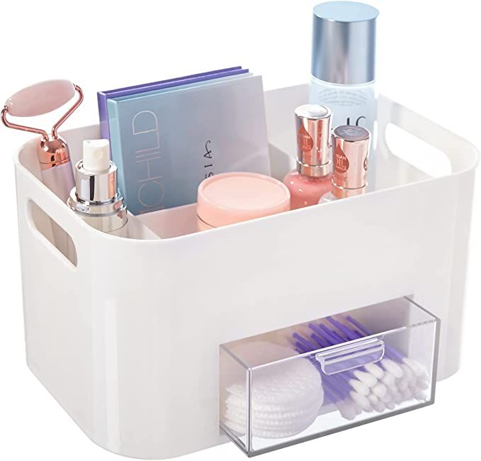 STORi Bliss 4-Compartment Plastic Vanity Organizer with Small Accessory Drawer in Cloud White | R... | Amazon (US)
