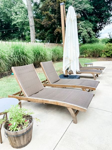 I’ve had these chairs for 3 summers now and they are well used! They’re near perfect with just some fading from the sun (they’re teak) but a little oil will bring them right back! Wheels and sliding trays. This umbrella is incredible! Feels like a cabana when it’s opened! 

#LTKSeasonal #LTKSummerSales #LTKHome