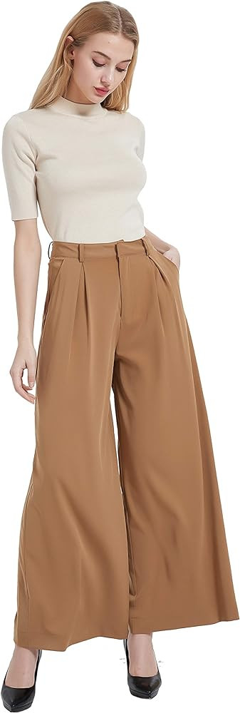 Tronjori Women High Waist Casual Wide Leg Long Palazzo Pants Trousers Regular Size | Amazon (US)