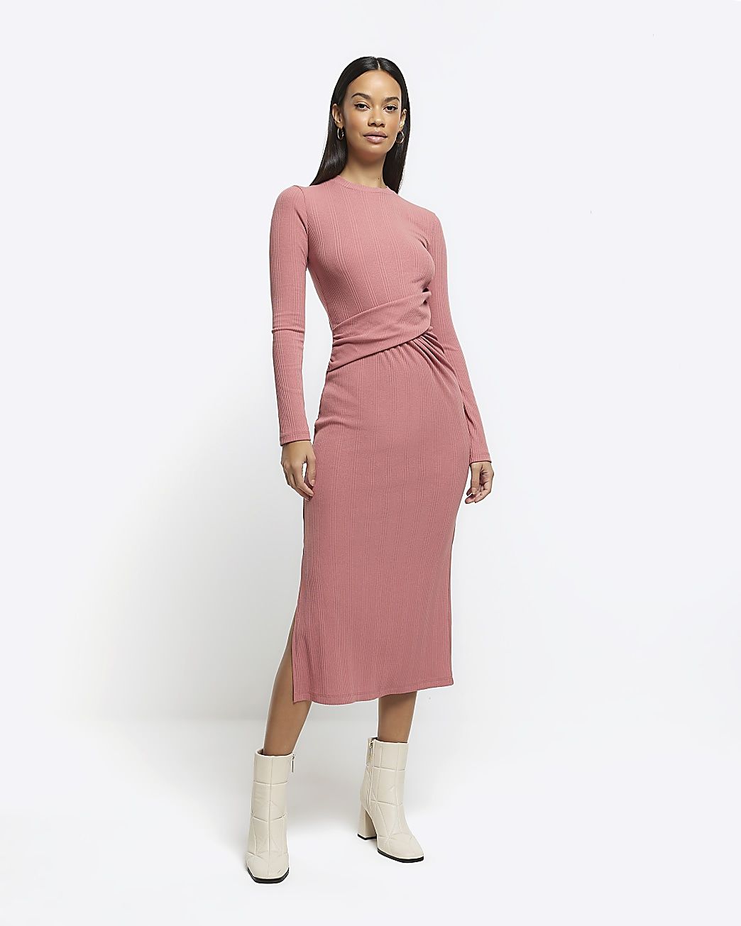 Pink drape front bodycon midi dress | River Island (UK & IE)